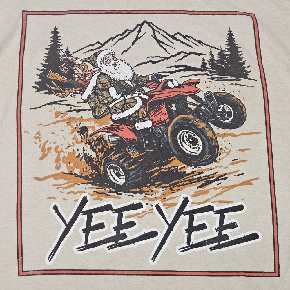 Yee Yee Apparel Christmas T-Shirt Mens XL Tan Santa ATV Hunting Graphic Tee